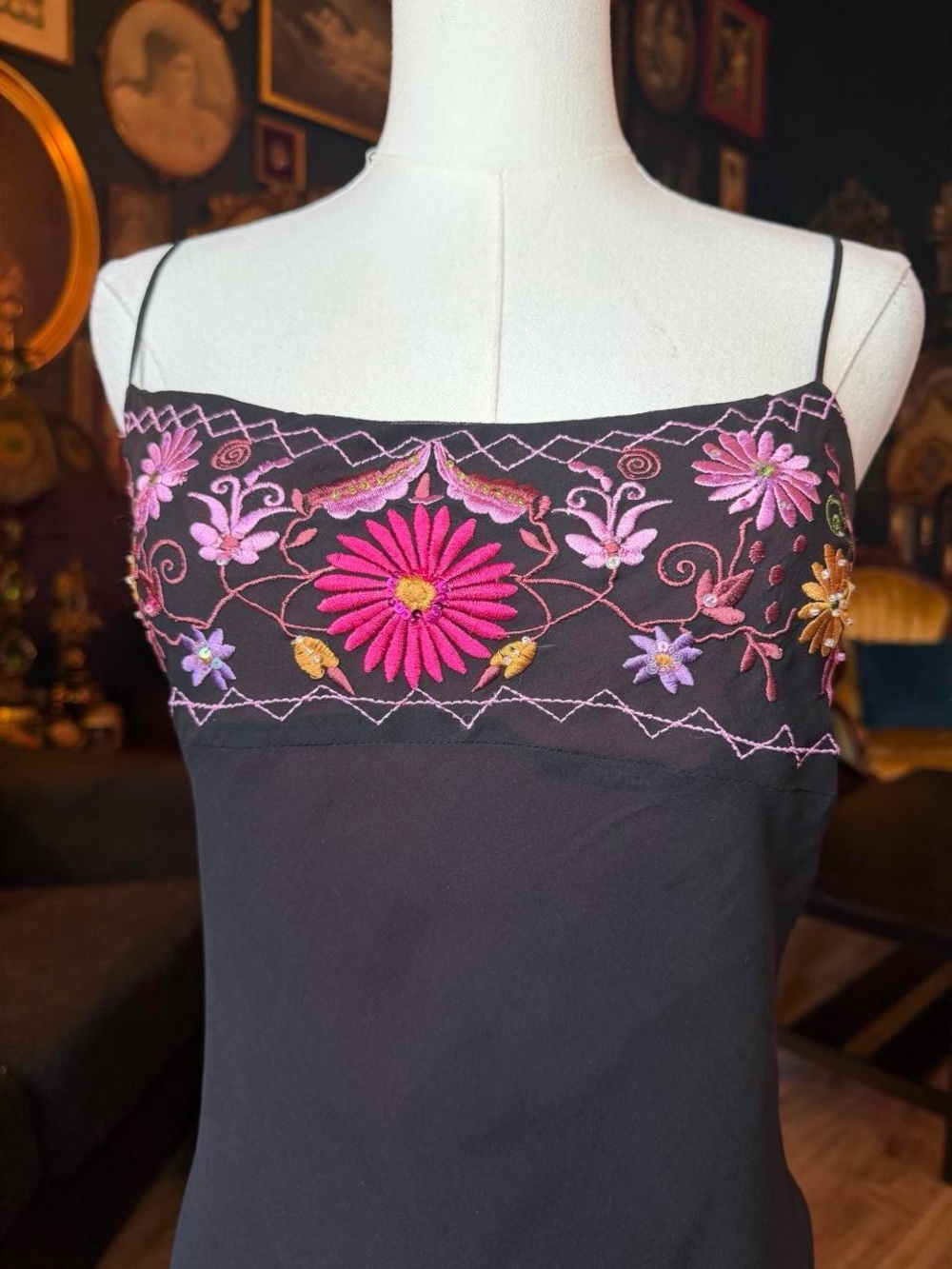 Vintage 90s/Y2K Betsey Johnson New York Embroidered Slip Dress | Floral Sequin M - Picture 3 of 7